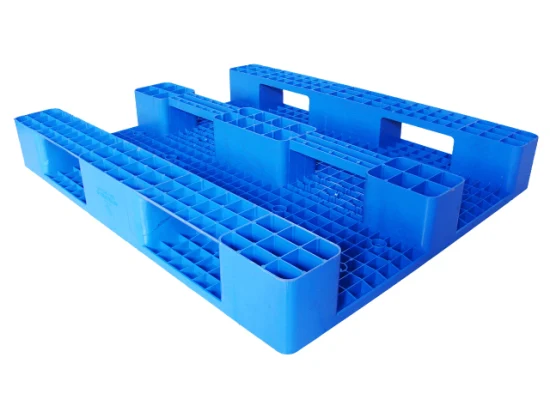 Pallet piatto in plastica blu con 3 guide e acciaio